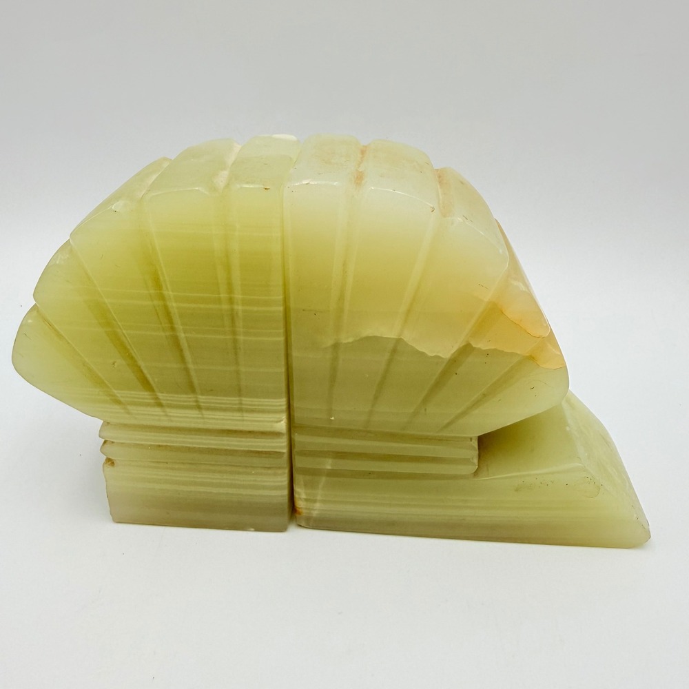 Vintage Green Onyx Shell Bookends Art Deco Carved Stone Fan Set of 2